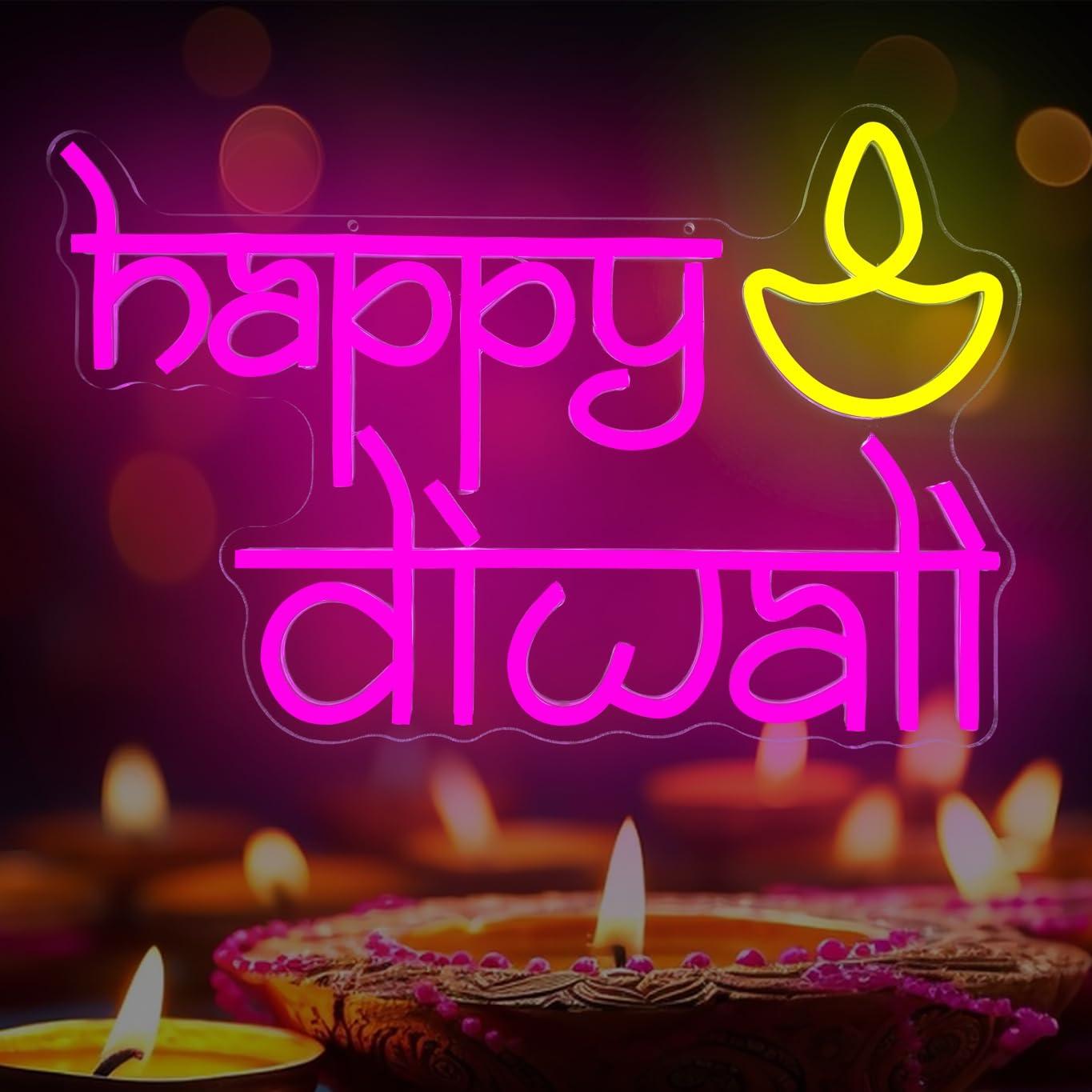 Lighting Decor For Diwali - ハッピーディワリネオンサインUSB電源LED調光可能ネオンライト、家庭用バー、寝室、パーティー、ドア、窓、壁の装飾、特別な贈り物に