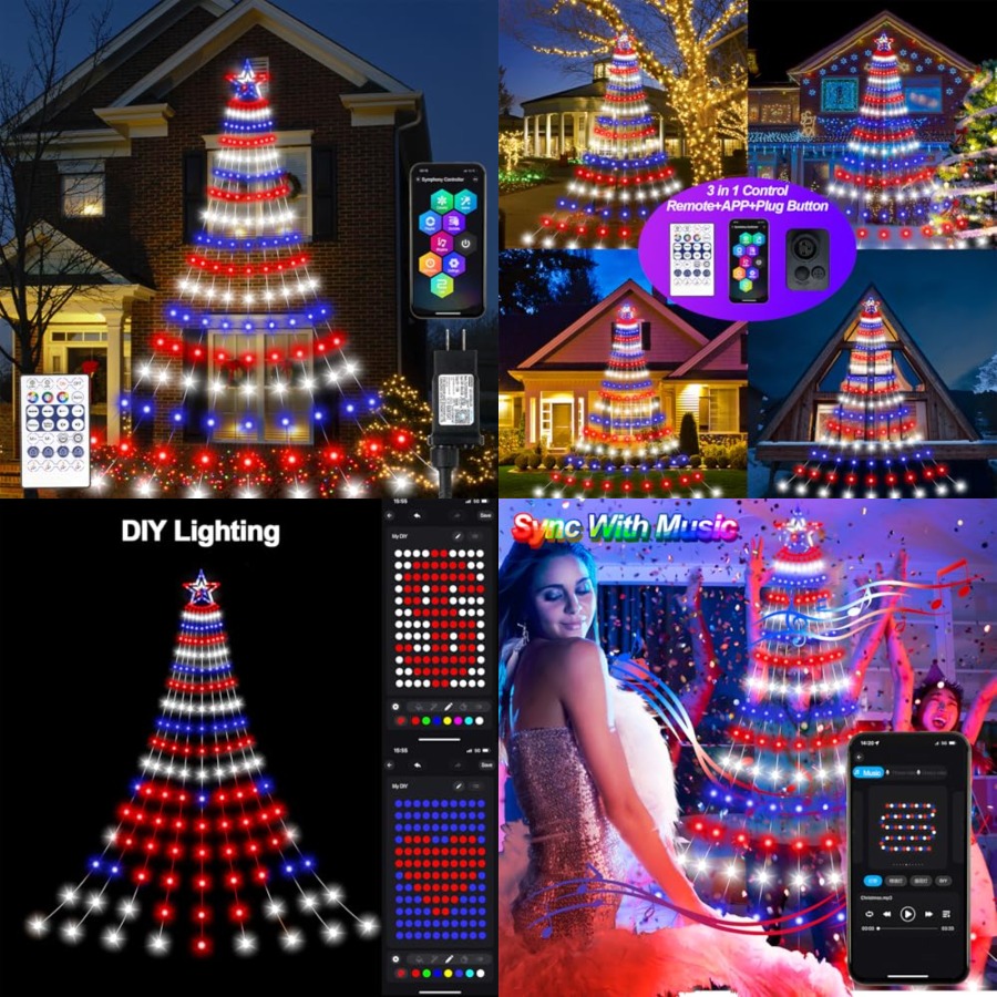 Lighting Tree Decor - スマートな独立記念日デコレーションライト、18フィートLED大型DIY赤白青の滝のようなツリーライト、リモコンタイマー付き、ライトミュージックS