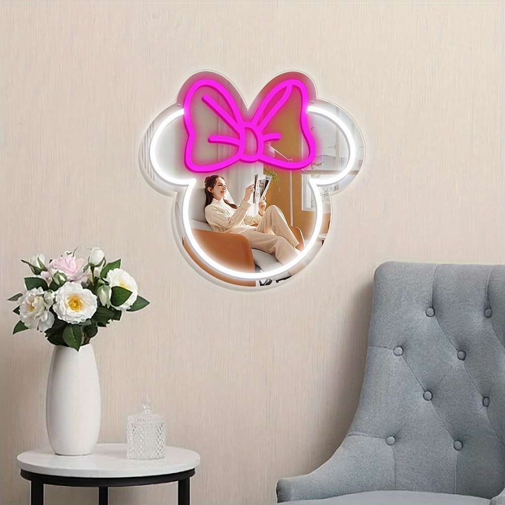 Lighting Decor For Diwali - ディズニー ミニーマウス LED ネオンサイン ピンクのリボン付き 子供部屋