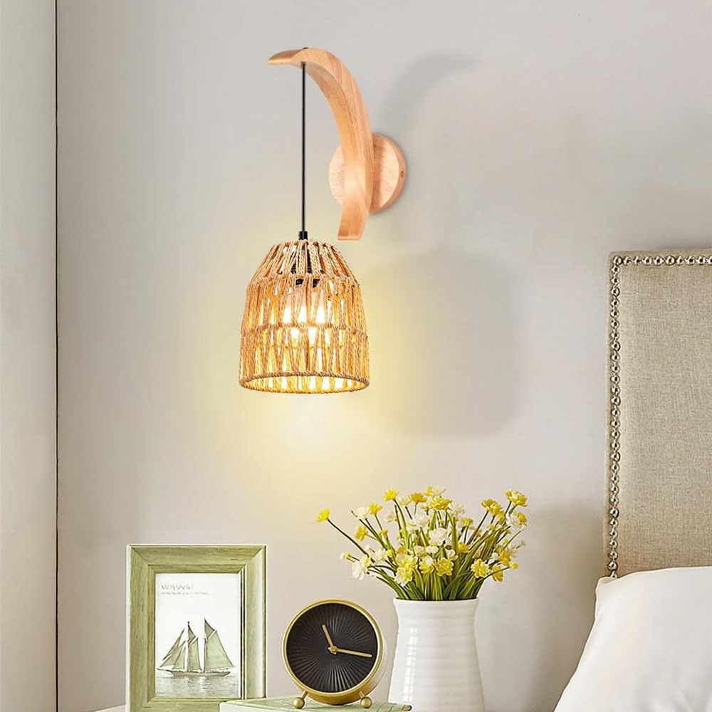 Foyer Lighting Wall Decor - ボヘミアンラタンウォールランプ ヴィンテージ手編み麻縄ウォールライト E27 レトロ木製ウォールランプ 寝室ベッドサイド室内照明 ホームデコレーション
