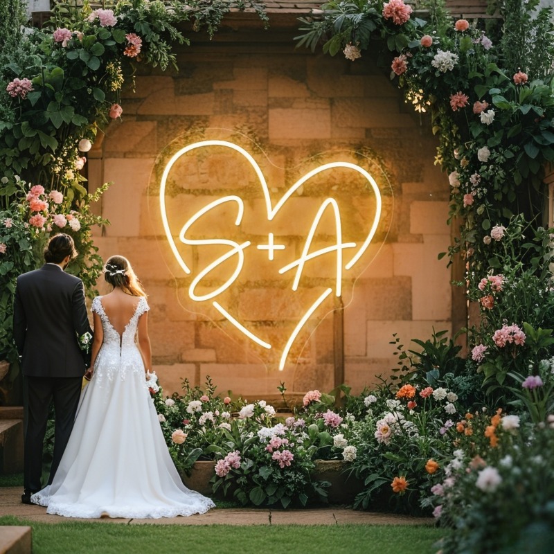 Wedding Lighting And Decor - カスタムイニシャルハートLEDネオンサイン、結婚式パーティーの背景、家の壁の装飾、カップルへのギフト用のパーソナライズされたネームネオンライト
