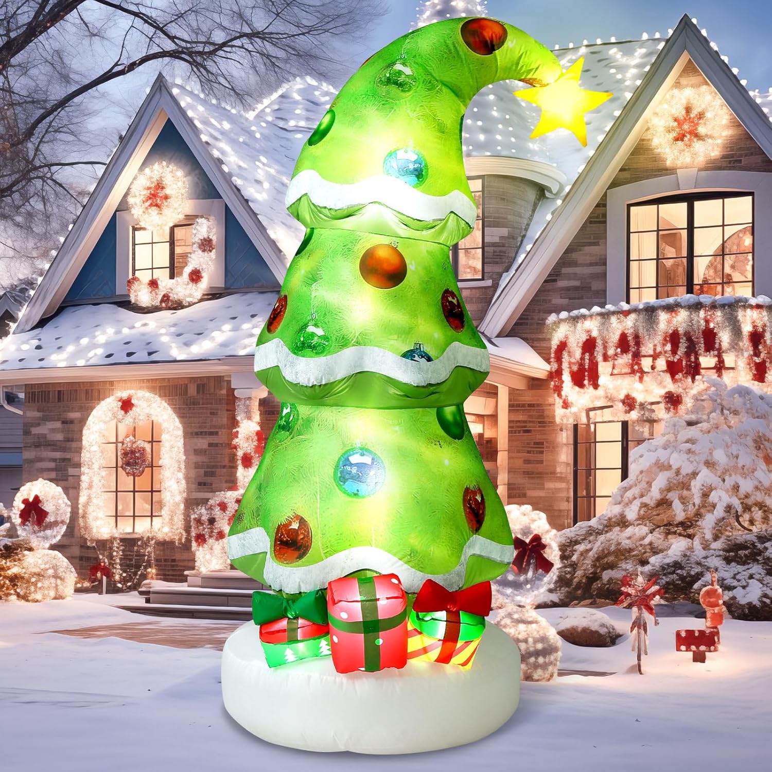 Lighting Tree Decor - 6.9フィートのクリスマス屋外用インフレータブル装飾サイン、ライムグリーンの膨らませるタイプの奇抜なクリスマスツリー、ボール付き、LEDライト内蔵