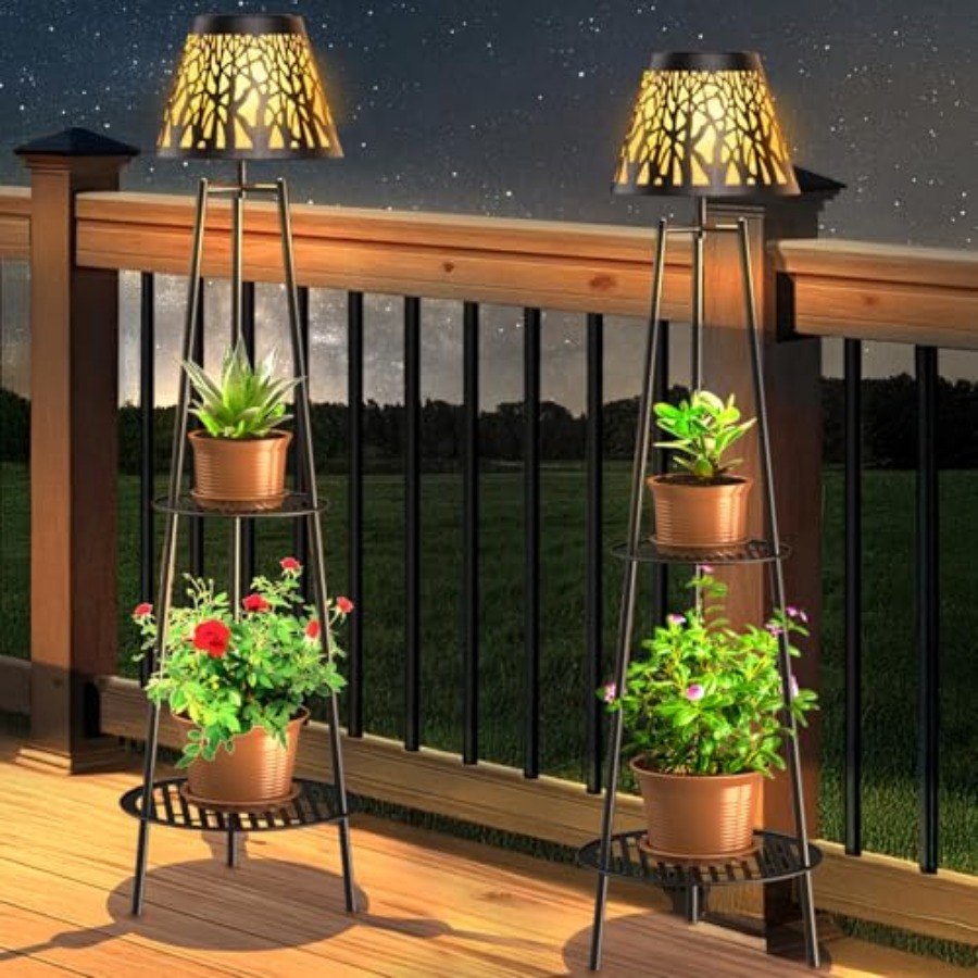 Decor Lighting Floor Lamps - 2パック屋外ソーラーフロアランプ、植物スタンド付き、防水メタルガーデンライト、2段棚付き、装飾LEDコードレスパット
