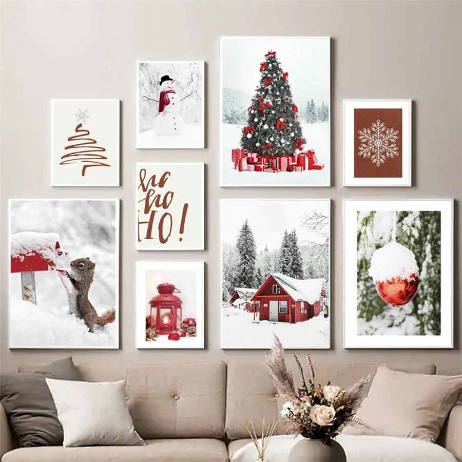 Lighting Tree Decor - ヴィンテージポスターとプリントクリスマスツリーウォールアート車赤色ライトキャンバス絵画装飾リビングルームの壁の写真ホーム