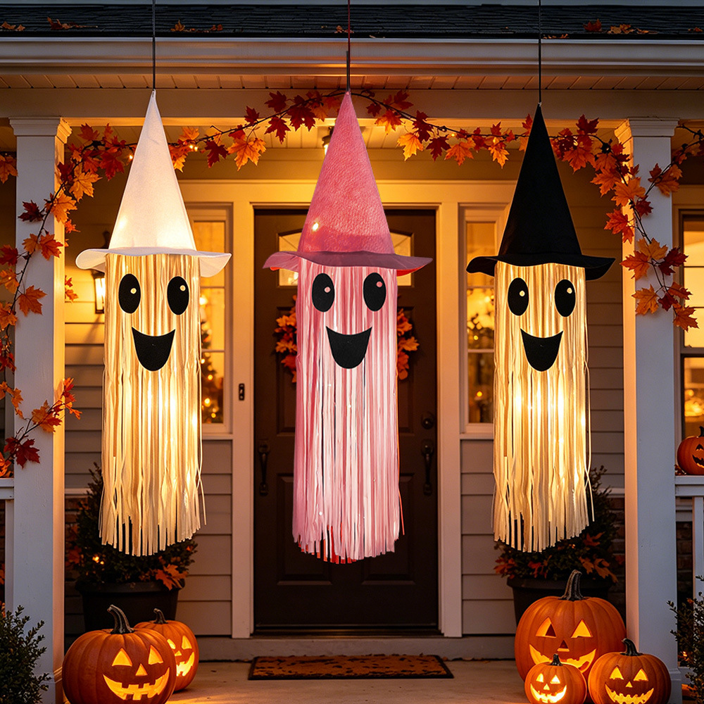 Lighting Tree Decor - ハロウィン光る魔女帽子ゴーストタッセル吊り下げ装飾、LEDライトゴーストペンダント、屋外の木や庭のハロウィンパーティー用