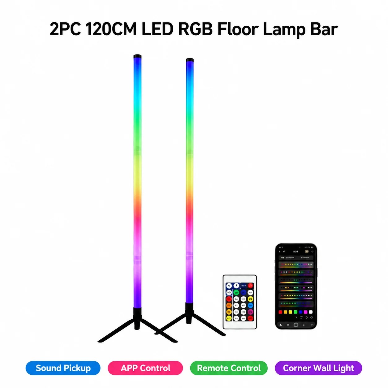2パックRGB LEDコーナーフロアランプ、120CMサウン - Lighting Decoration In Bedroom のレビューと価格