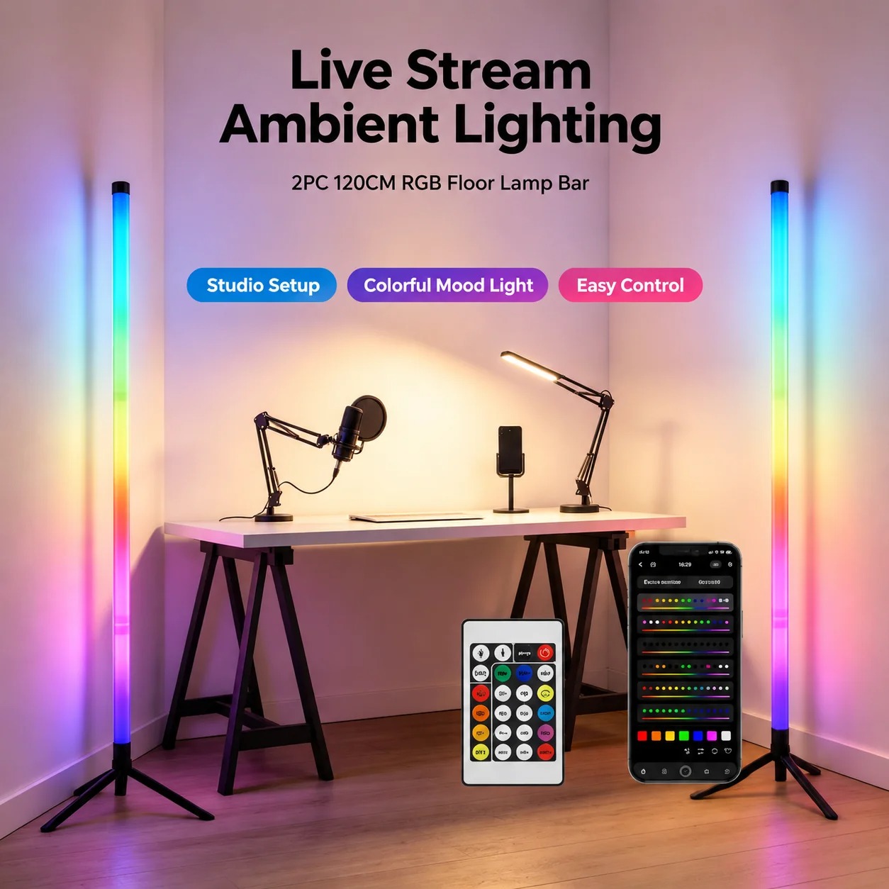 2パックRGB LEDコーナーフロアランプ、120CMサウン - Lighting Decoration In Bedroom のレビューと価格