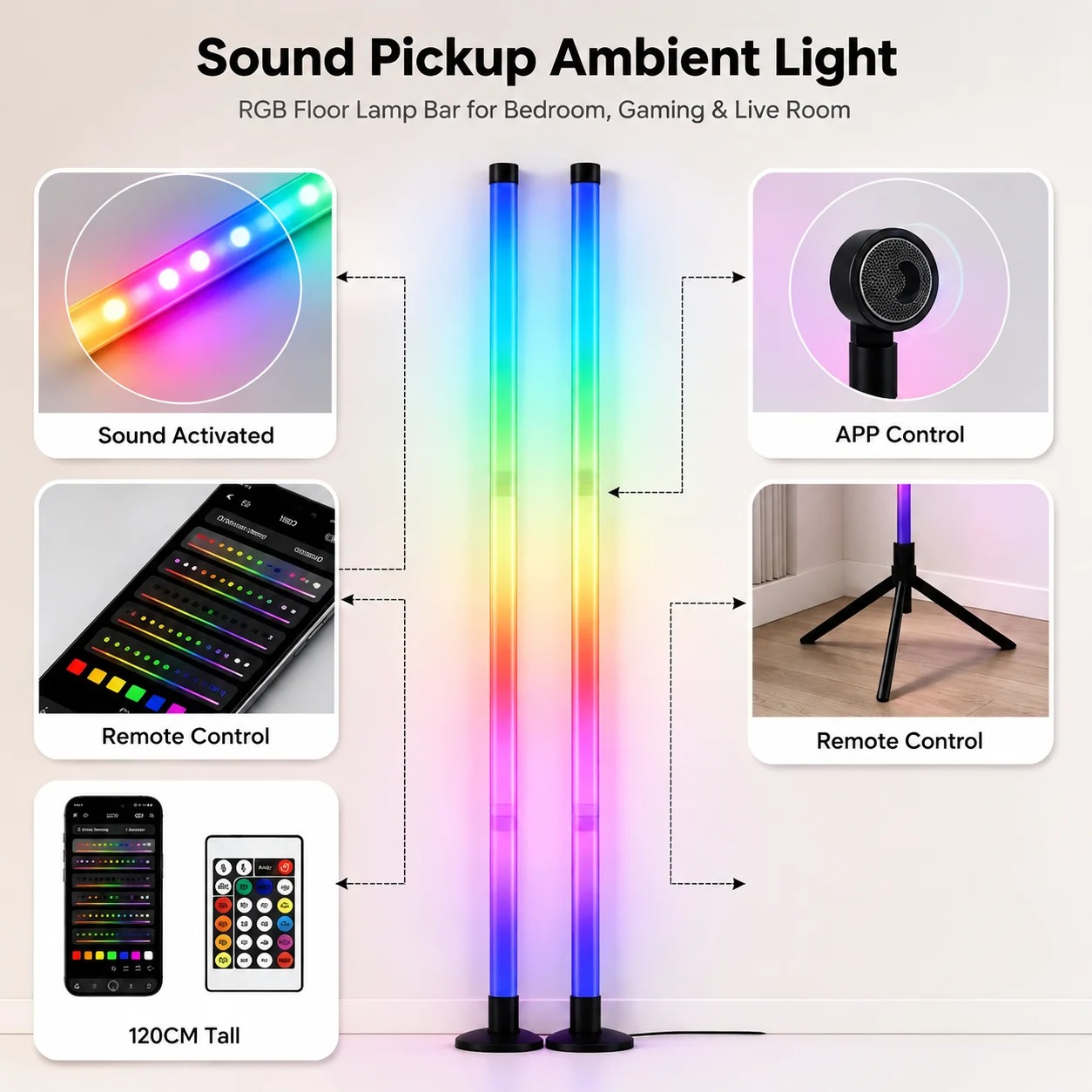 2パックRGB LEDコーナーフロアランプ、120CMサウン - Lighting Decoration In Bedroom のレビューと価格