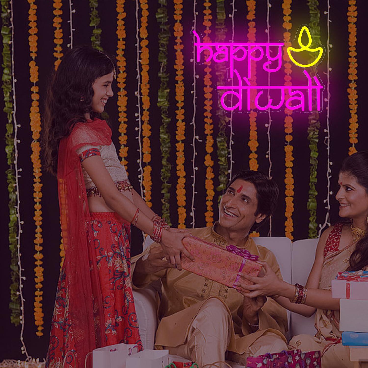 ハッピーディワリネオンサインUSB電源LED調光可能ネオンラ - Lighting Decor For Diwali のレビューと価格
