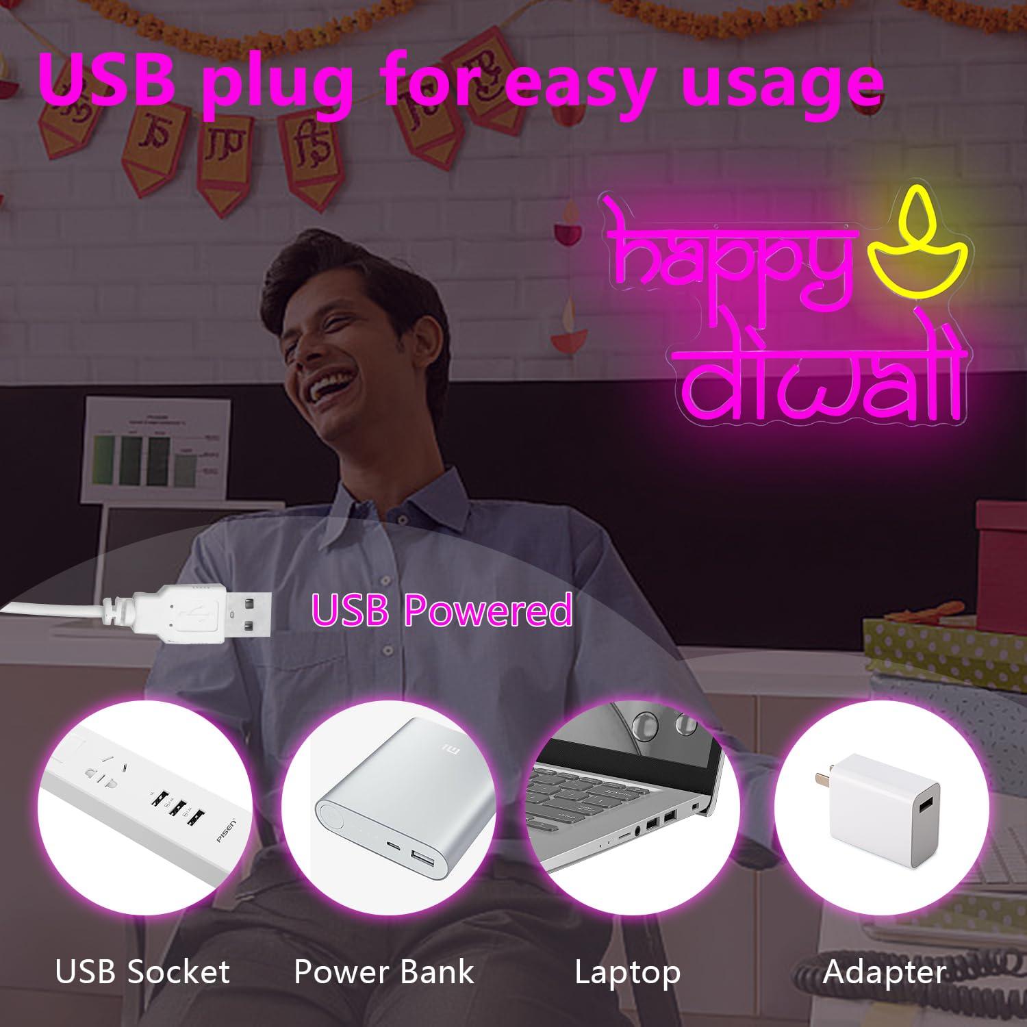 ハッピーディワリネオンサインUSB電源LED調光可能ネオンラ - Lighting Decor For Diwali のレビューと価格