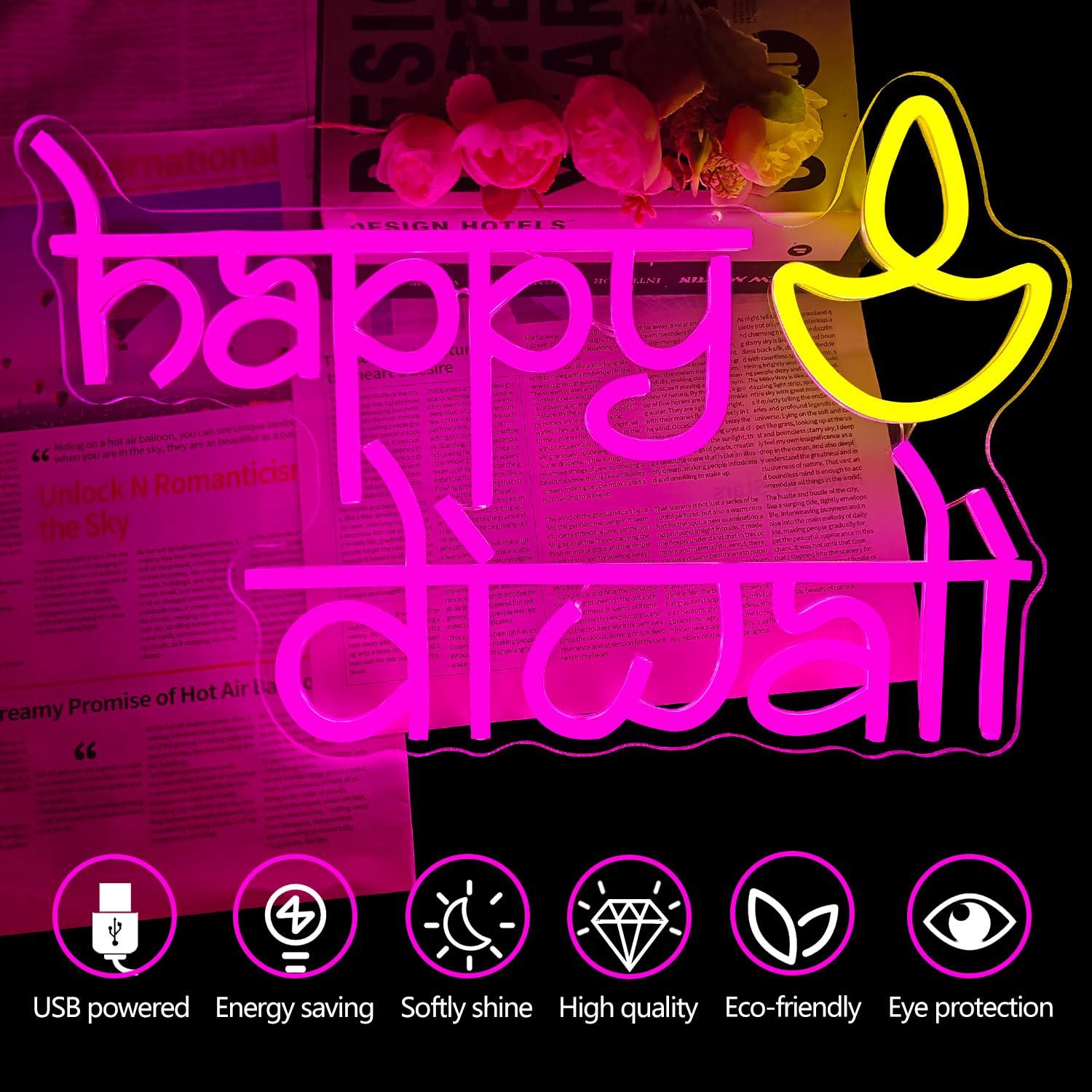 ハッピーディワリネオンサインUSB電源LED調光可能ネオンラ - Lighting Decor For Diwali のレビューと価格