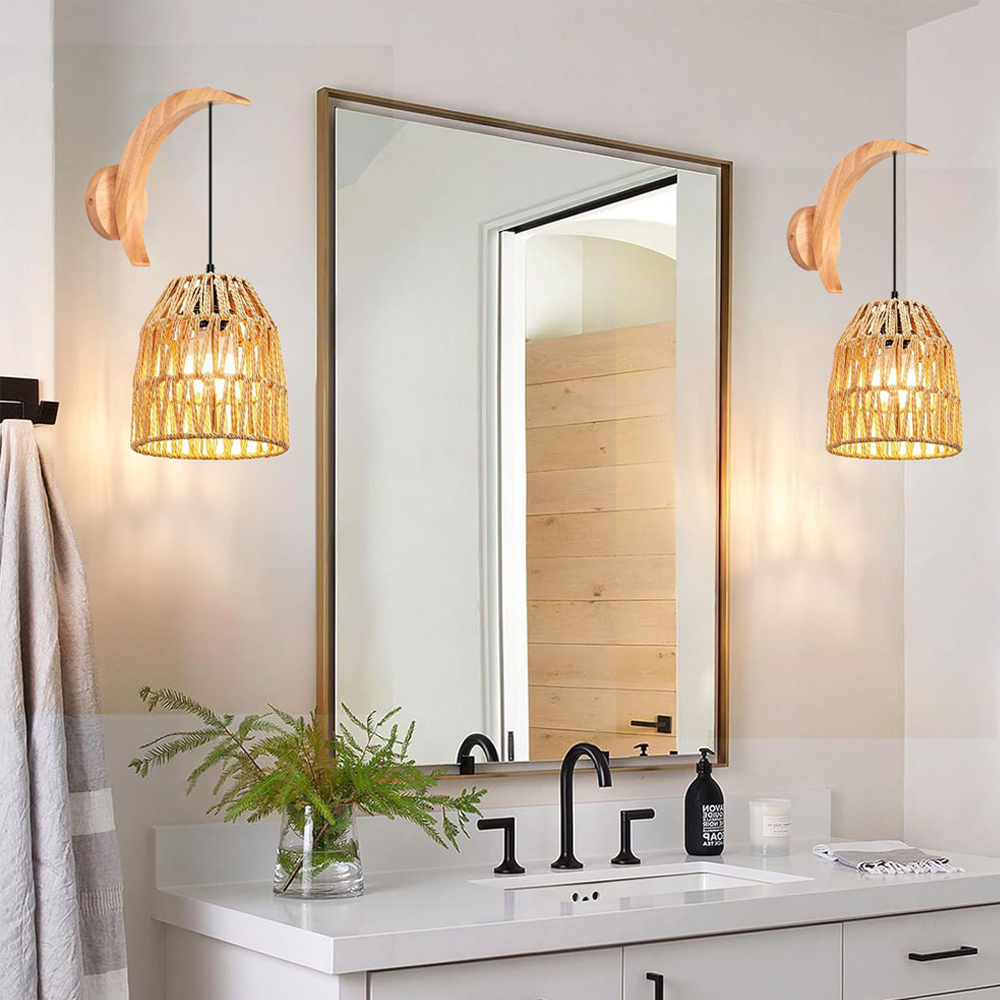 ボヘミアンラタンウォールランプ ヴィンテージ手編み麻縄ウォー - Foyer Lighting Wall Decor のレビューと価格