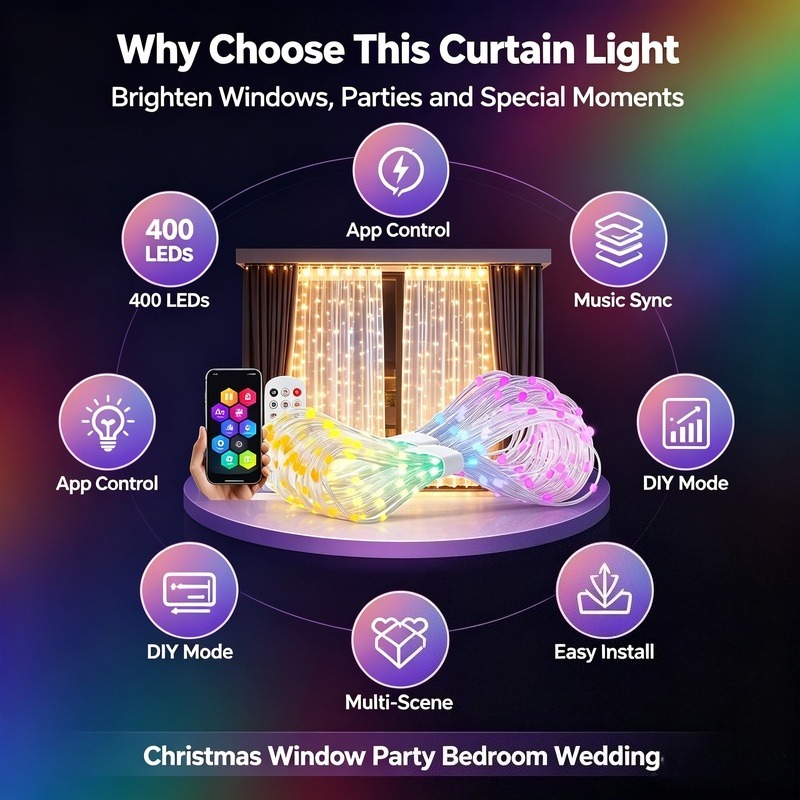 USB電源式アプリ制御LEDカーテンライト、クリスマス、窓、 - Lighting Decoration In Bedroom のレビューと価格