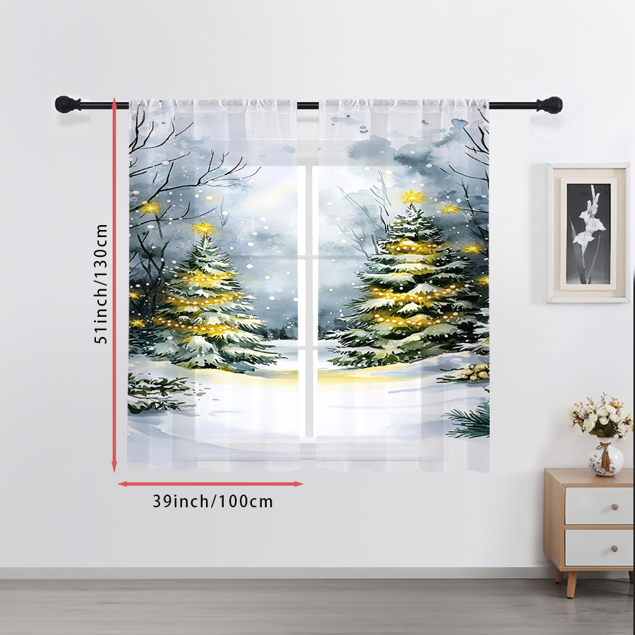2枚組シアー カーテン 水彩画風クリスマスツリーと雪のプリン - Lighting Tree Decor のレビューと価格
